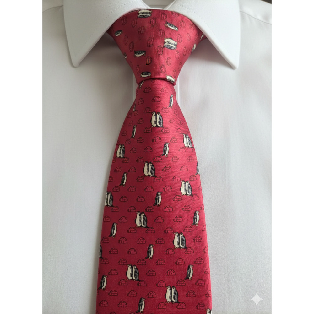 Tommy Hilfiger red white penguin igloo silk tie - 57.5" - office corpcore